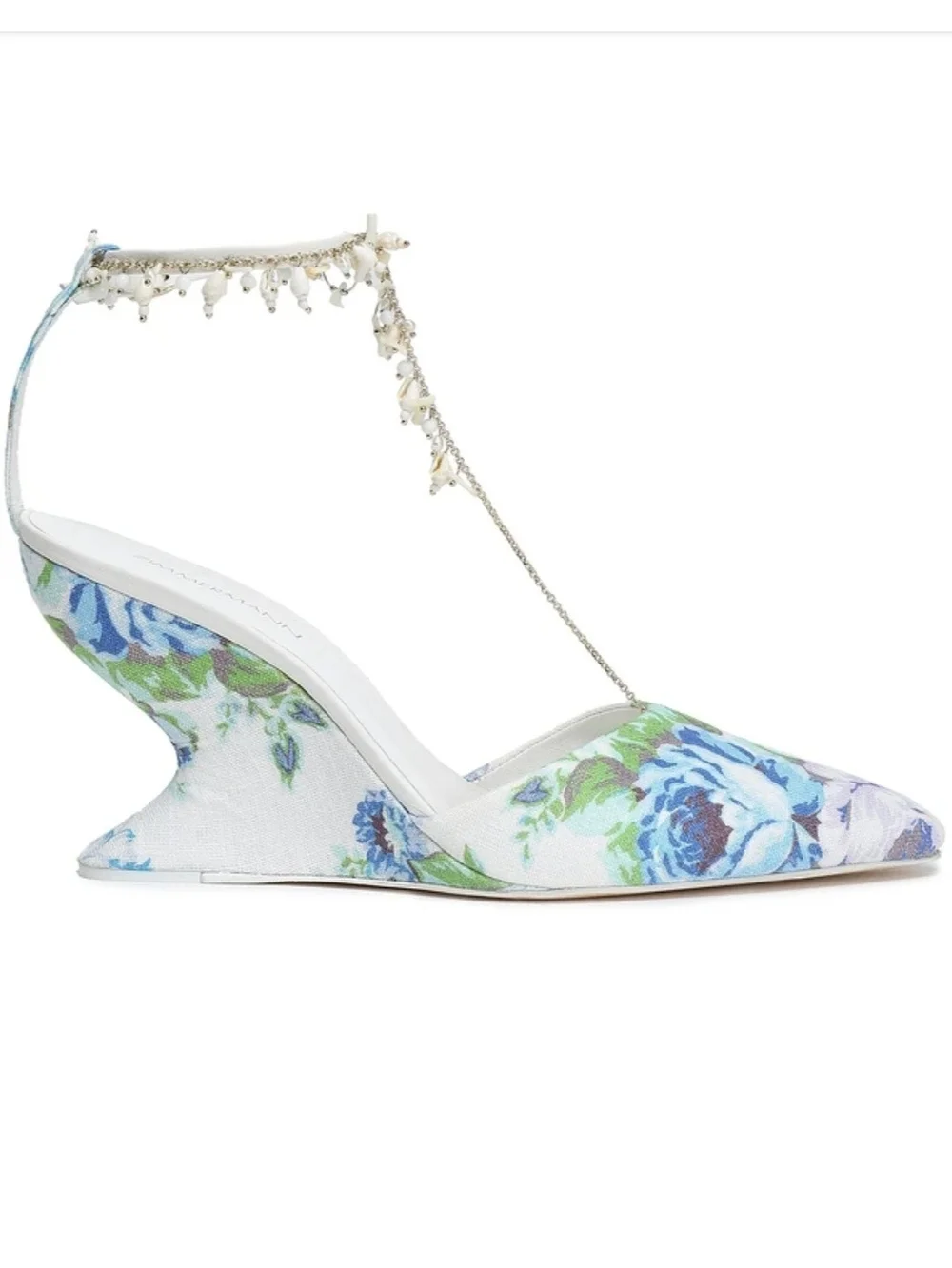 Zimmermann Floral Pointed Mules with Pearl Chain Ankle Straps - White/Blue/Green